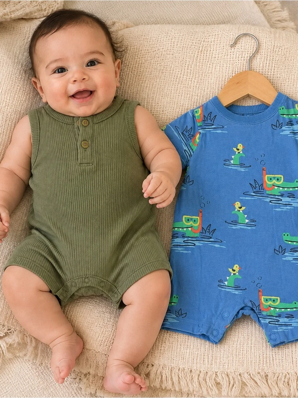 Old Navy & Garanimals Baby Boy Romper Bundle 3-6M Alligator Ribbed Henley #1346